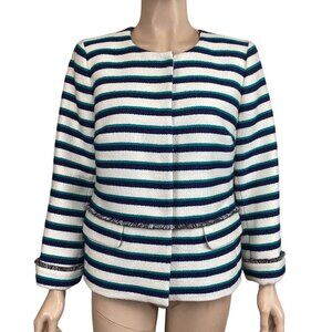 Talbots Striped Fringe‎ Trim Jacket Size 6 Long Sleeve Blue & White Coat